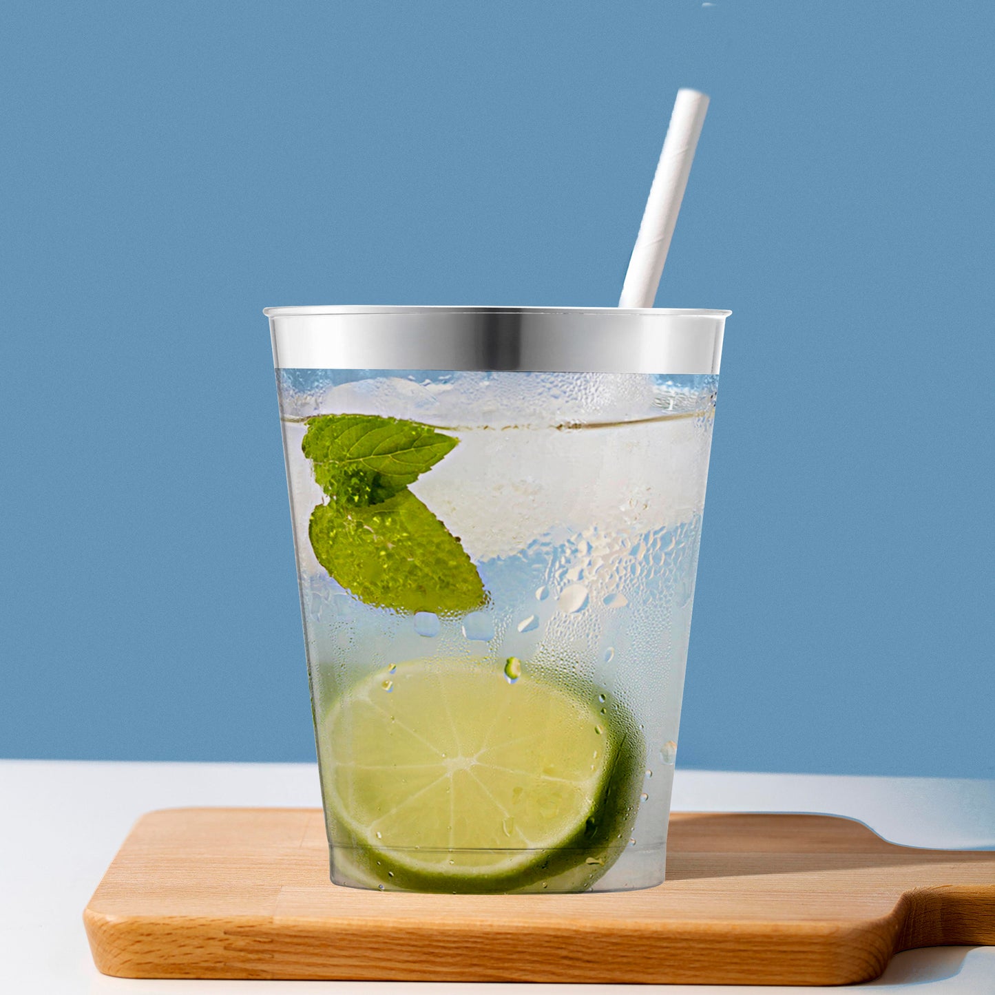 10 oz. Clear with Silver Rim Round Disposable Plastic Tumblers