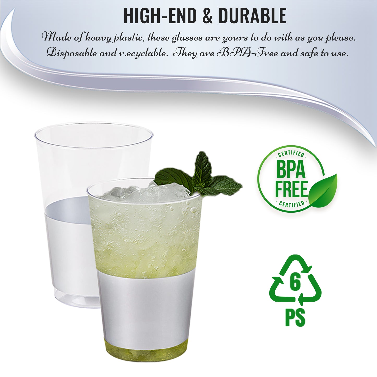 12 oz. Clear with Shiny Silver Thick Bottom Round Disposable Plastic Tumblers | The Kaya Collection