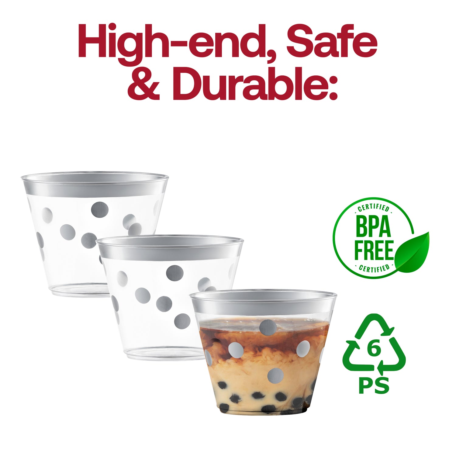 9 oz. Clear with Silver Dots Round Disposable Plastic Party Cups BPA | The Kaya Collection