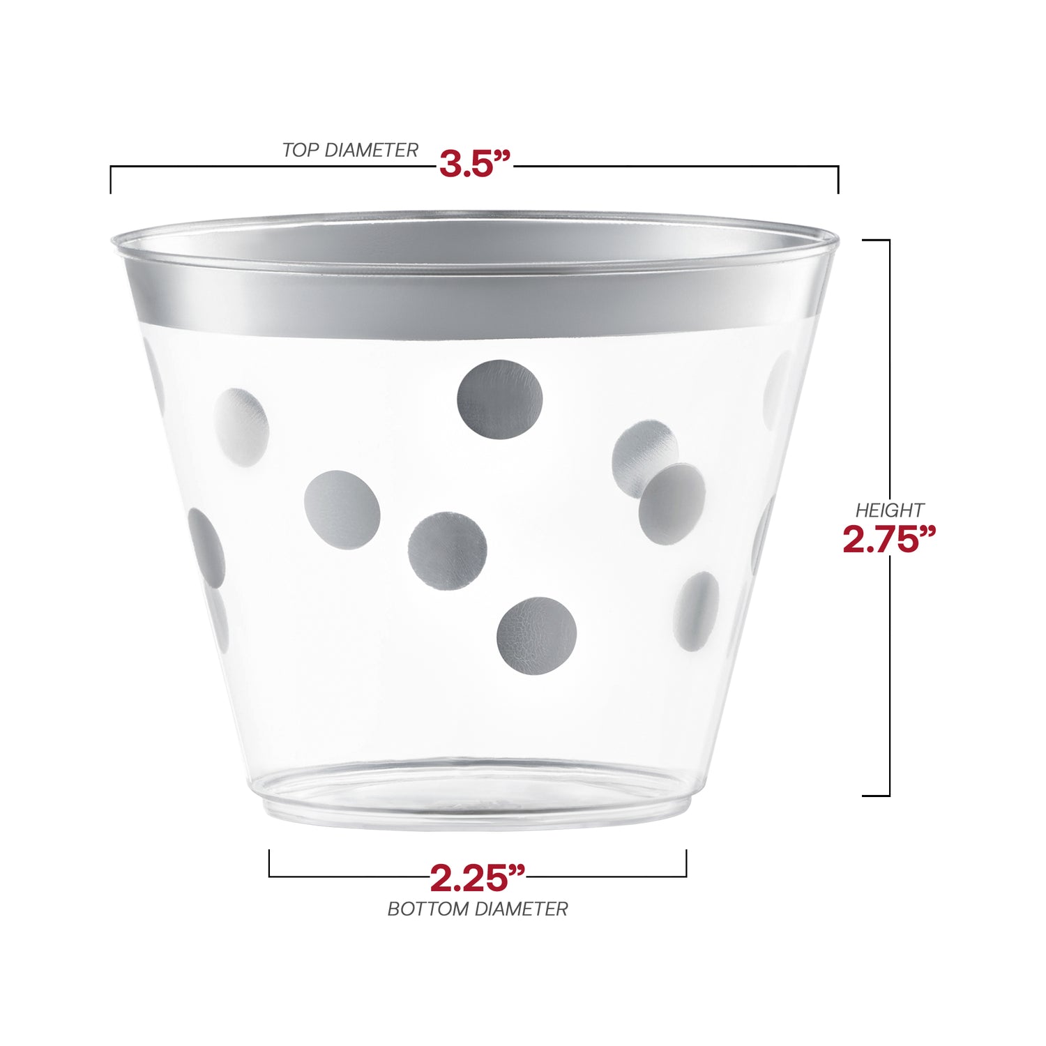 9 oz. Clear with Silver Dots Round Disposable Plastic Party Cups Dimension | The Kaya Collection