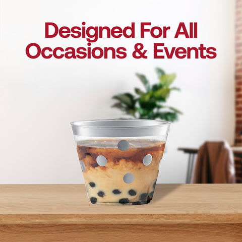 9 oz. Clear with Silver Dots Round Disposable Plastic Party Cups Lifestyle | The Kaya Collection