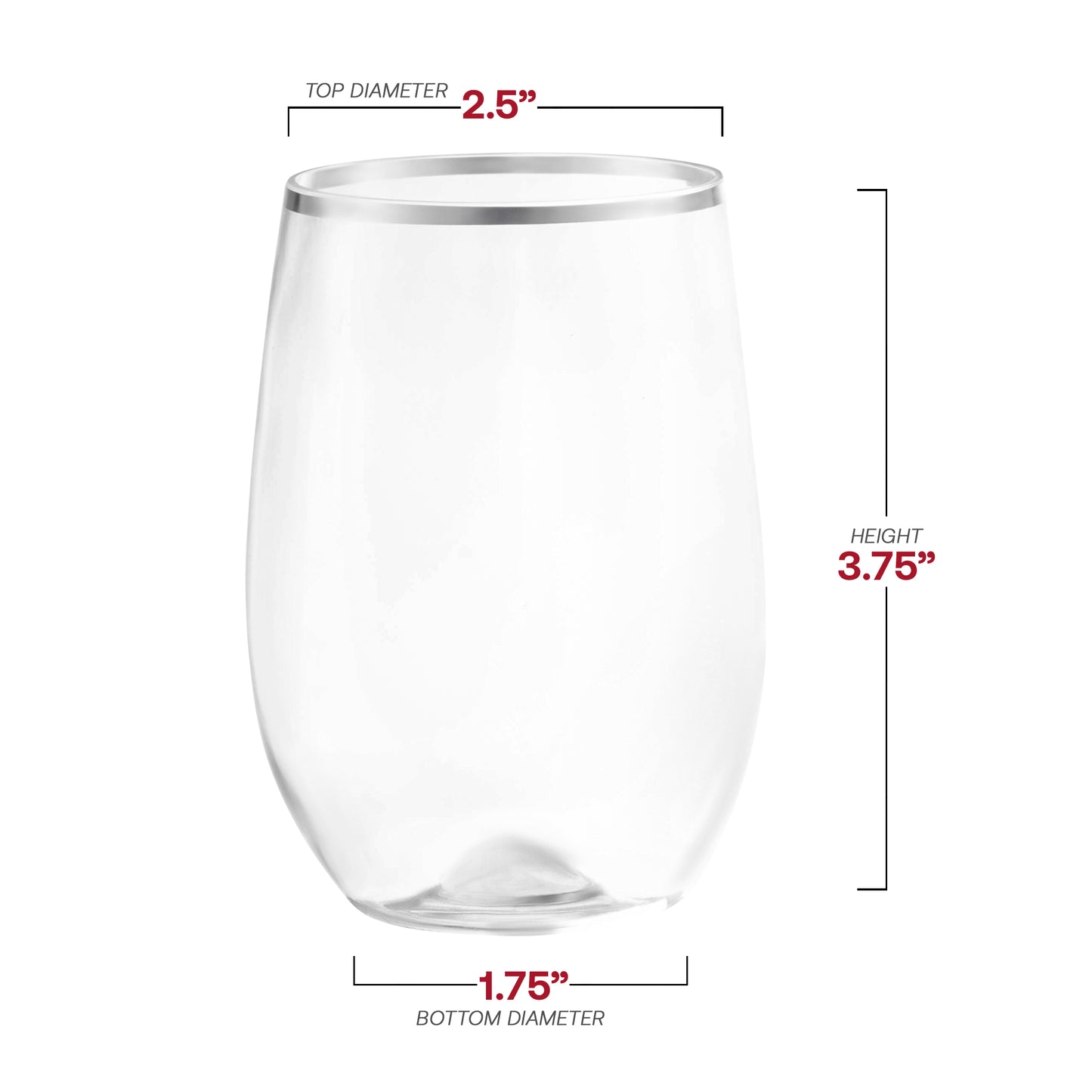 12 oz. Clear with Silver Elegant Stemless Plastic Wine Glasses Dimension | The Kaya Collection