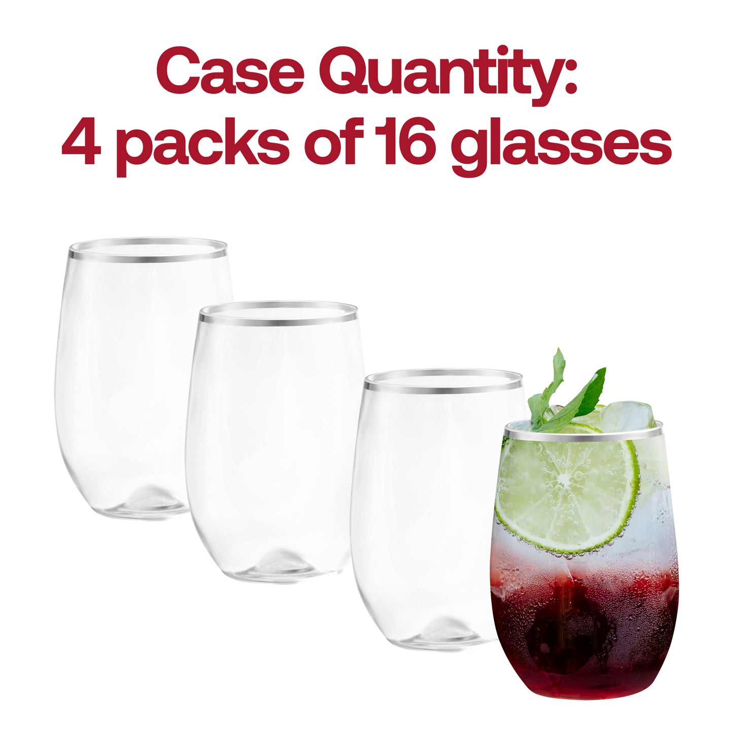 12 oz. Clear with Silver Elegant Stemless Plastic Wine Glasses Quantity | The Kaya Collection