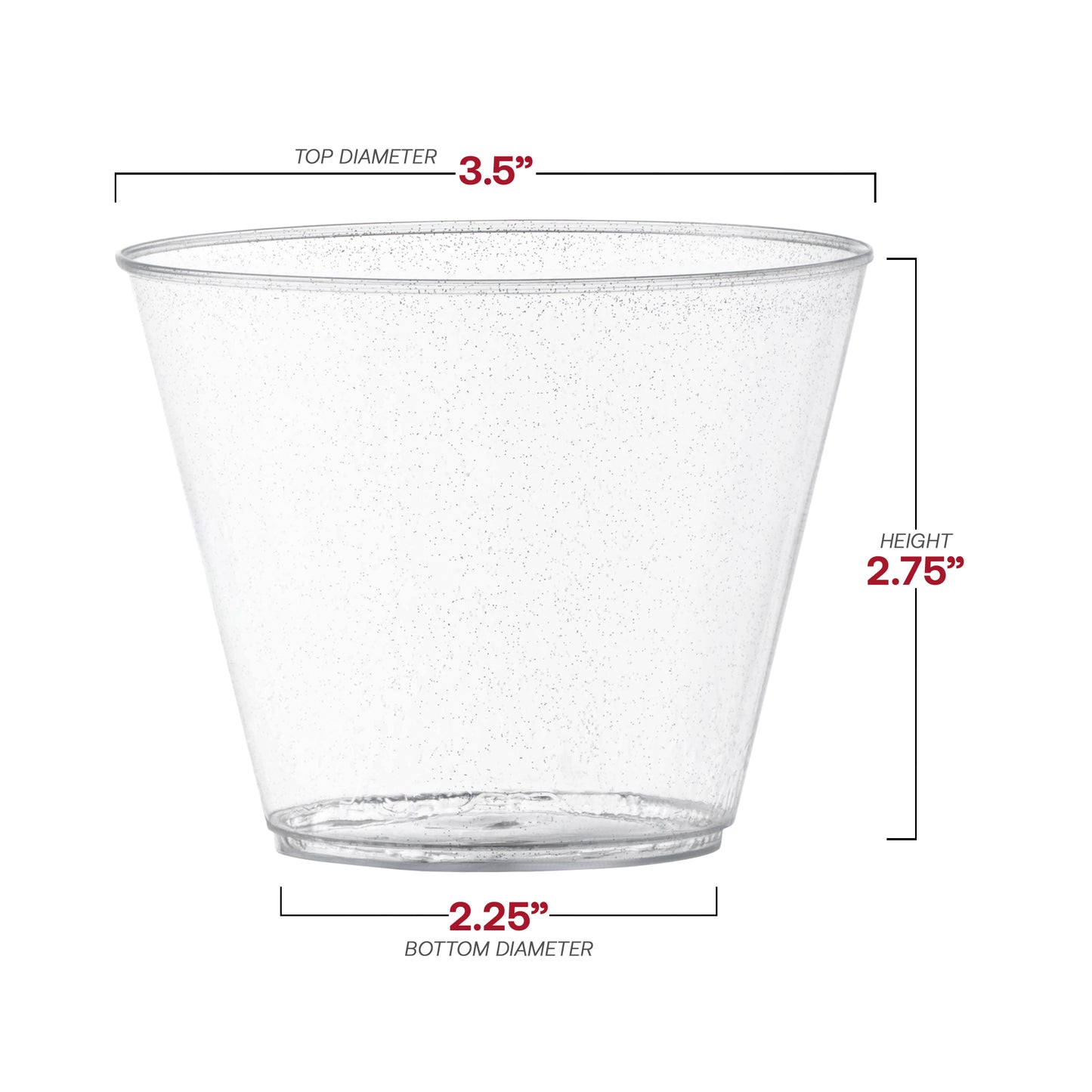 9 oz. Clear with Silver Glitter Round Disposable Plastic Party Cups Dimension | The Kaya Collection