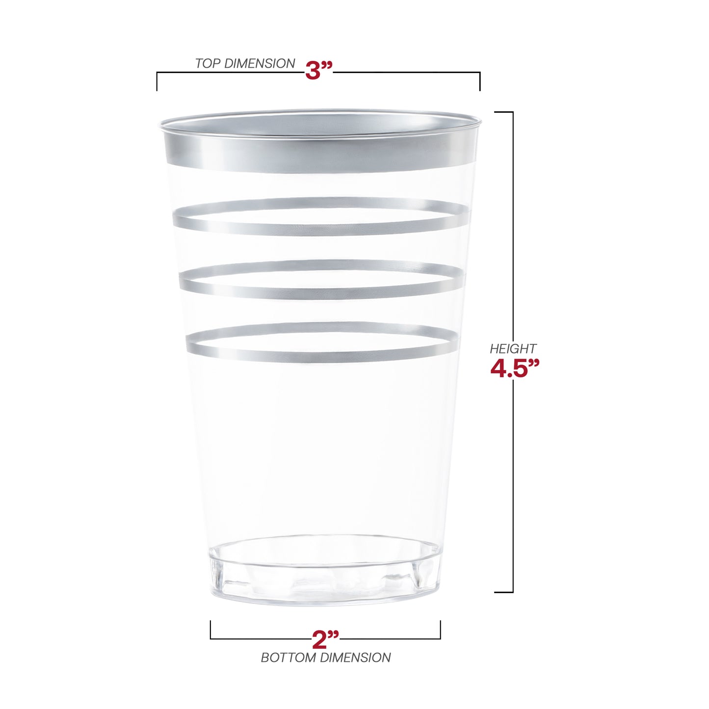 12 oz. Clear with Silver Stripes Round Disposable Plastic Tumblers Dimension | The Kaya Collection