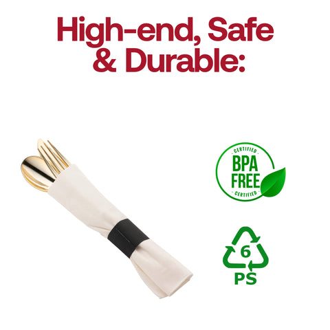 Gold Disposable Plastic Cutlery in White Napkin Rolls Set - 10 Napkins, 10 Forks, 10 Knives, 10 Spoons and 10 Paper Rings