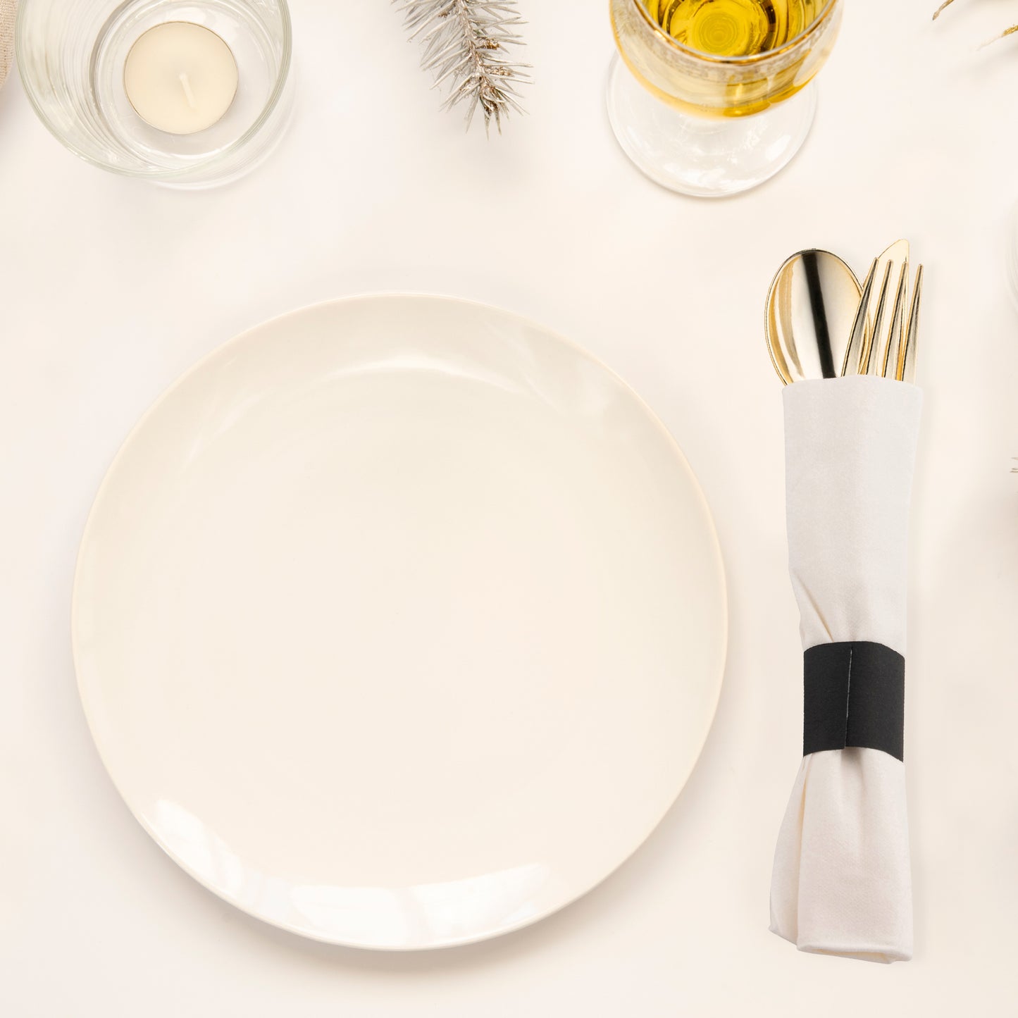 Gold Disposable Plastic Cutlery in White Napkin Rolls Set - 10 Napkins, 10 Forks, 10 Knives, 10 Spoons and 10 Paper Rings