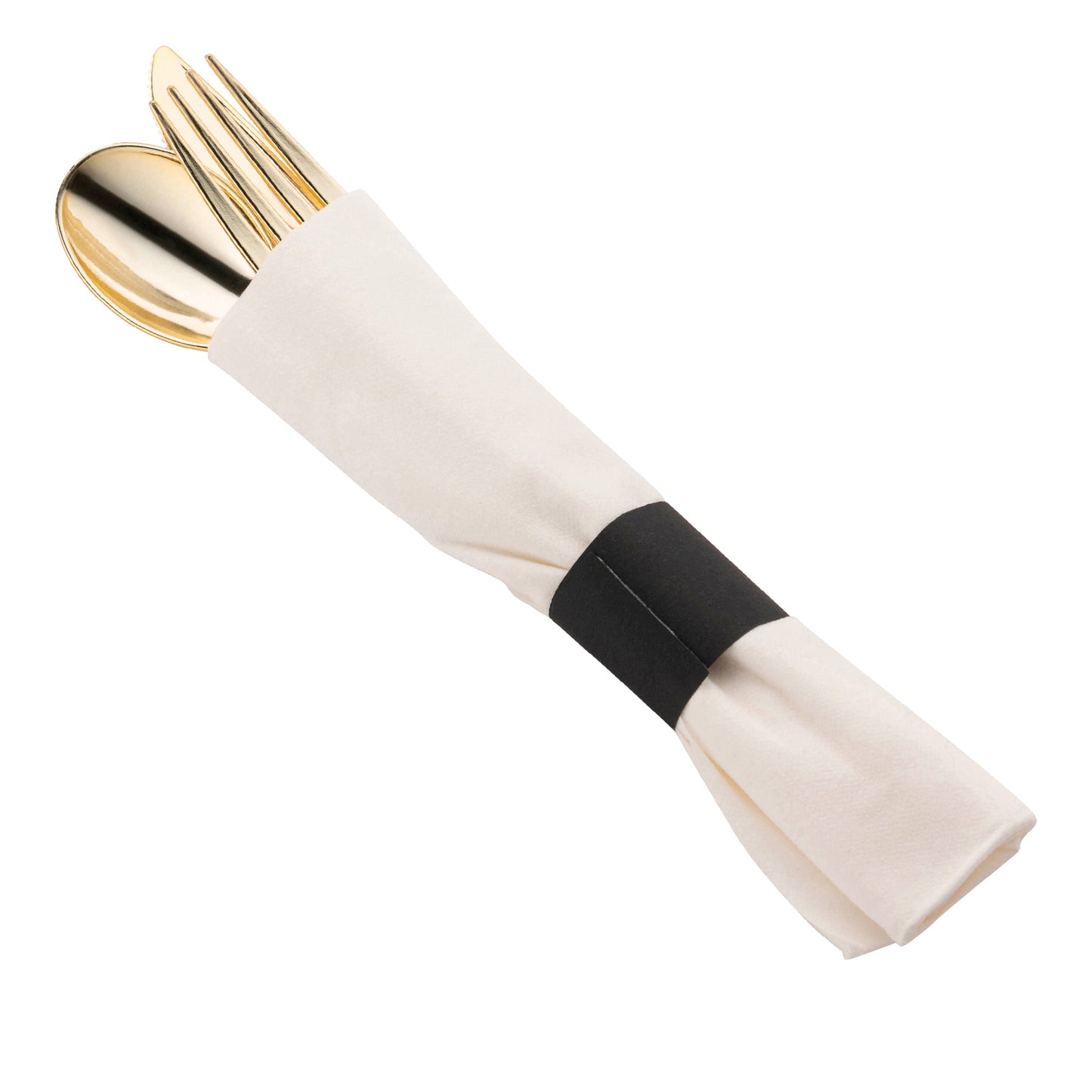 Gold Disposable Plastic Cutlery in White Napkin Rolls Set - 10 Napkins, 10 Forks, 10 Knives, 10 Spoons and 10 Paper Rings