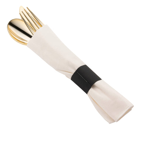 Gold Disposable Plastic Cutlery in White Napkin Rolls Set - 10 Napkins, 10 Forks, 10 Knives, 10 Spoons and 10 Paper Rings