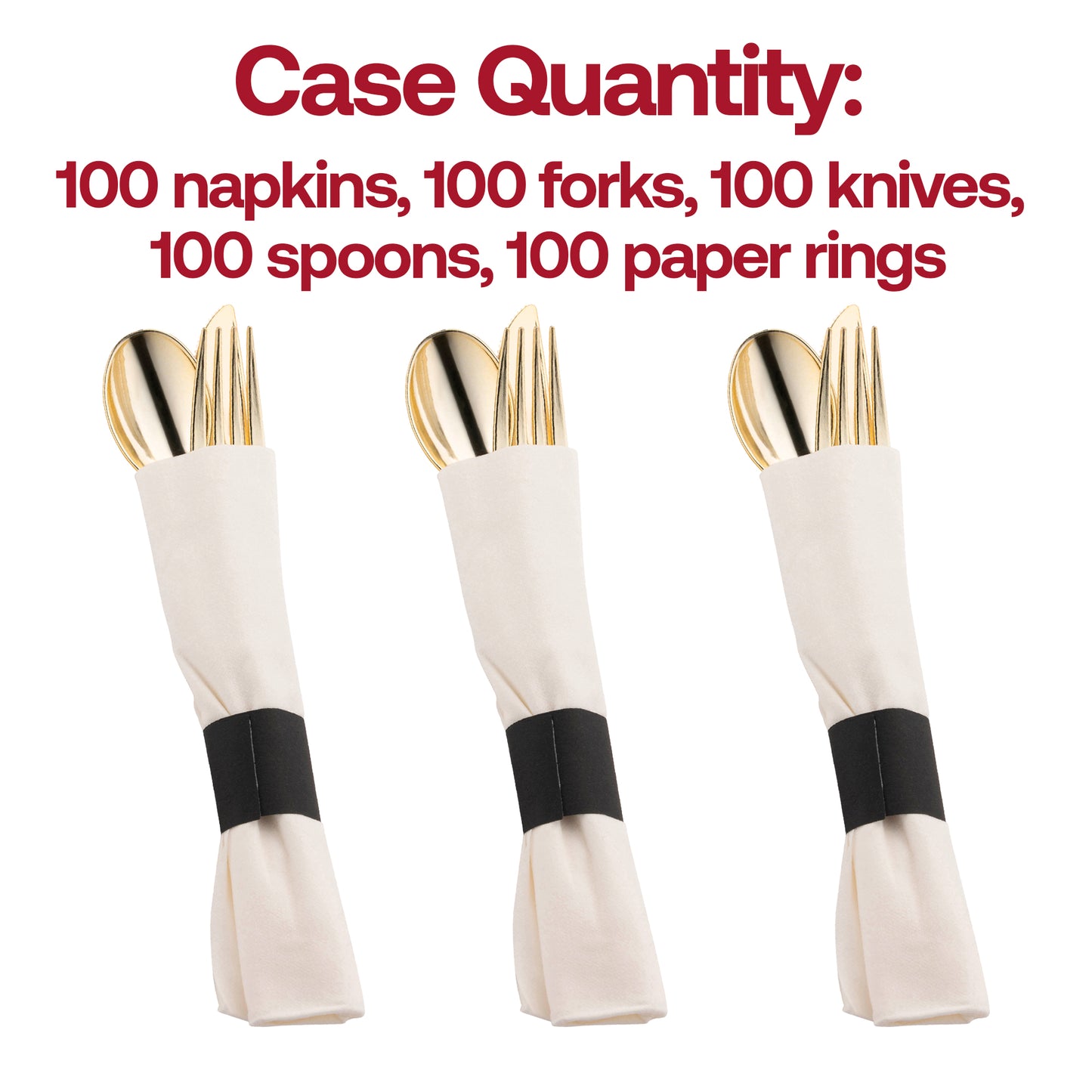 Gold Disposable Plastic Cutlery in White Napkin Rolls Set - 10 Napkins, 10 Forks, 10 Knives, 10 Spoons and 10 Paper Rings