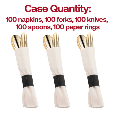 Gold Disposable Plastic Cutlery in White Napkin Rolls Set - 10 Napkins, 10 Forks, 10 Knives, 10 Spoons and 10 Paper Rings
