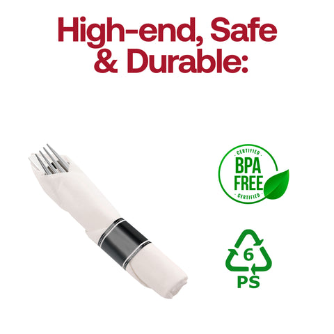 Silver Disposable Plastic Cutlery in White Napkin Rolls Set - 10 Napkins, 10 Forks, 10 Knives, 10 Spoons and 10 Paper Rings