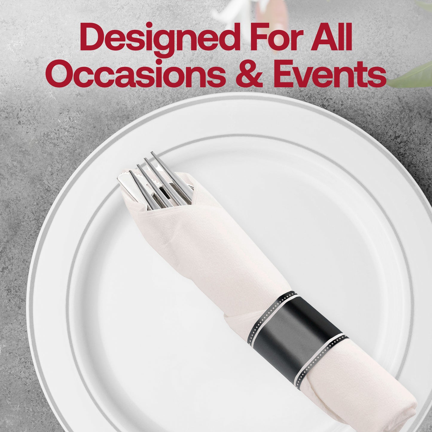 Silver Disposable Plastic Cutlery in White Napkin Rolls Set - 10 Napkins, 10 Forks, 10 Knives, 10 Spoons and 10 Paper Rings