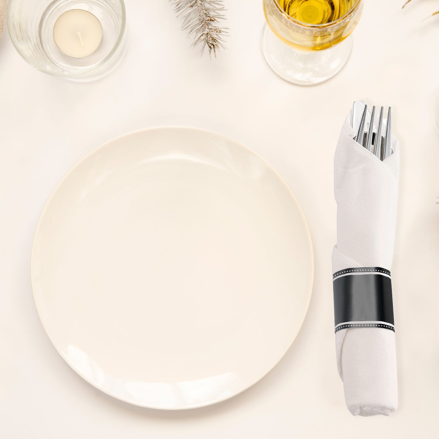Silver Disposable Plastic Cutlery in White Napkin Rolls Set - 10 Napkins, 10 Forks, 10 Knives, 10 Spoons and 10 Paper Rings