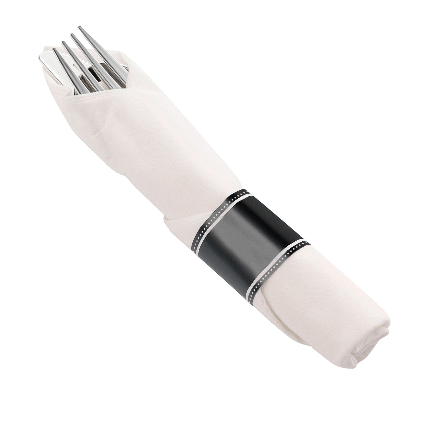 Silver Disposable Plastic Cutlery in White Napkin Rolls Set - 10 Napkins, 10 Forks, 10 Knives, 10 Spoons and 10 Paper Rings