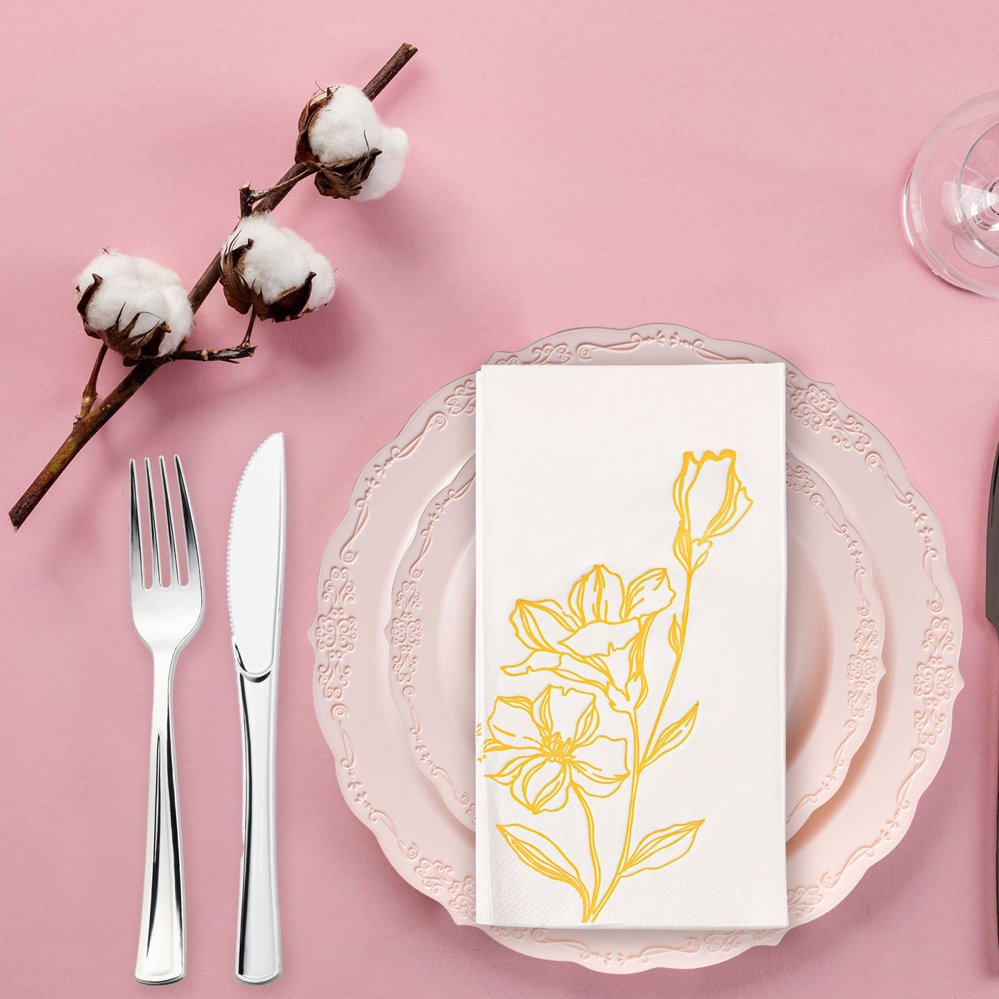 White with Gold Antique Floral Disposable Paper Dinner Napkins