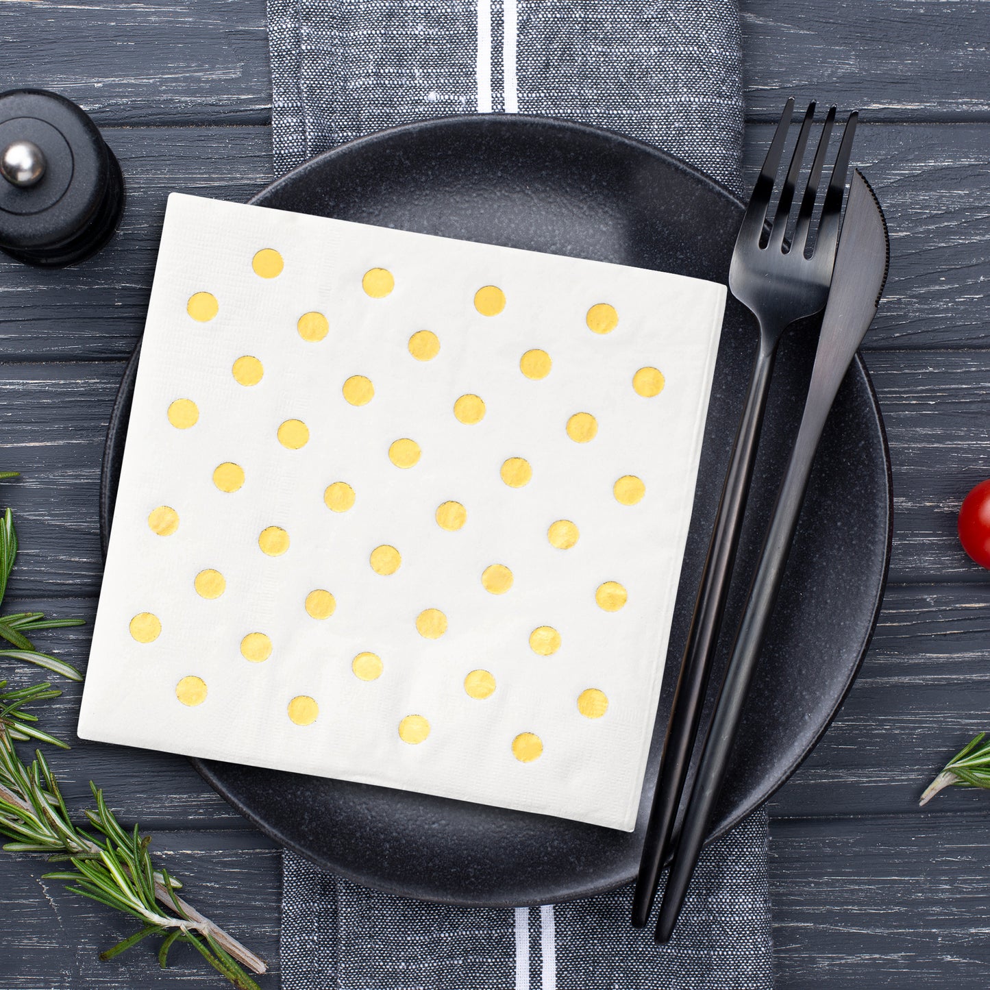 White with Gold Dots Disposable Paper Beverage/Cocktail Napkins