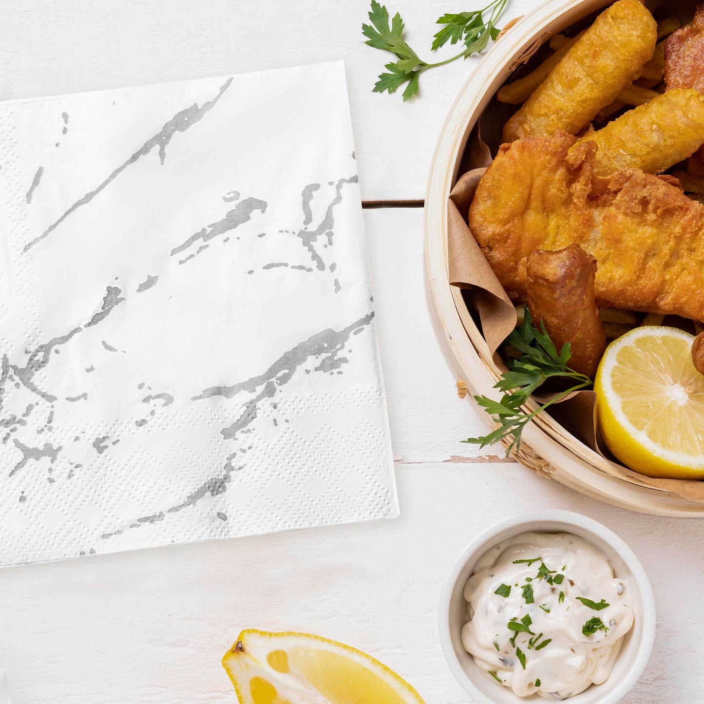 White with Silver Marble Disposable Paper Beverage/Cocktail Napkins