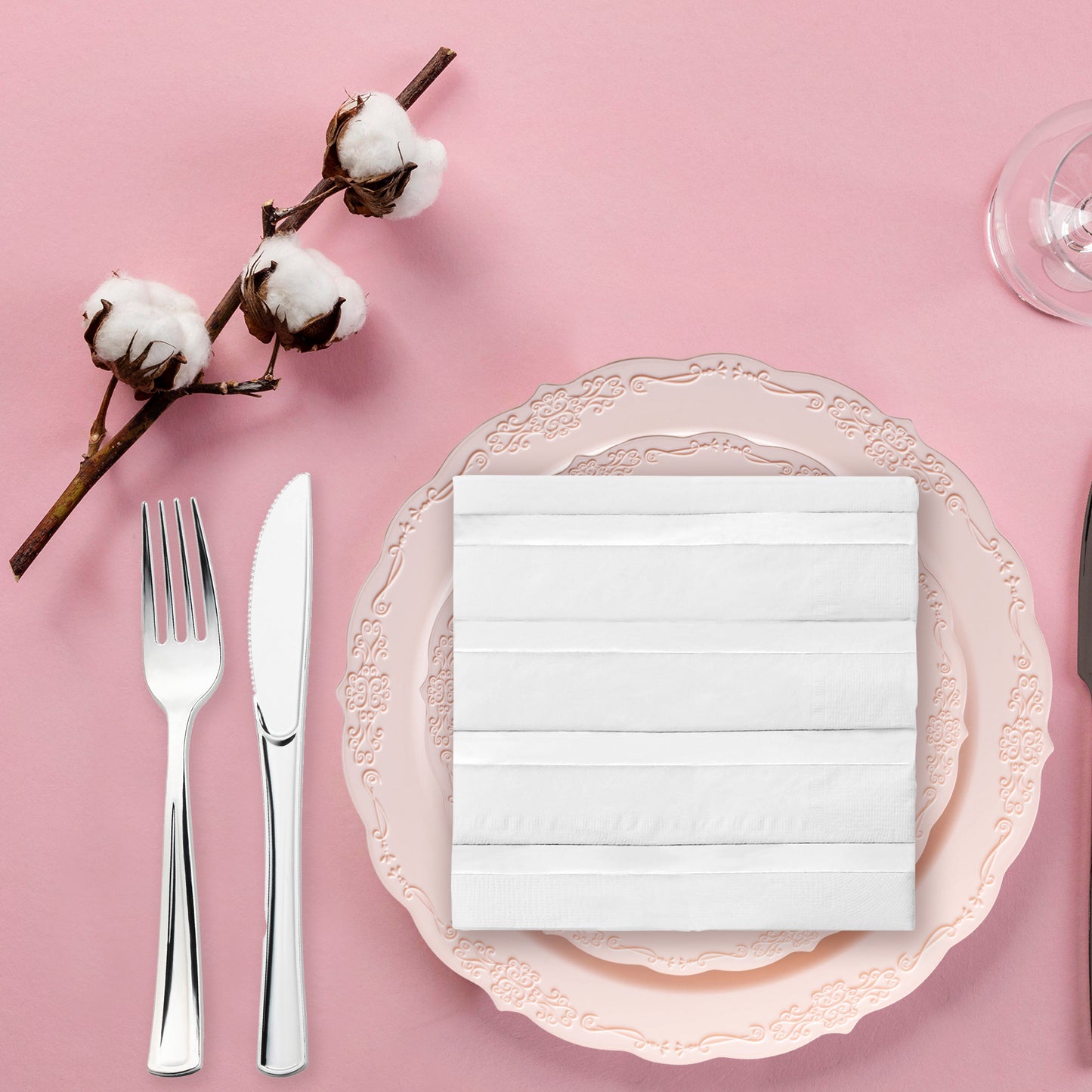 White with Silver Stripes Disposable Paper Beverage/Cocktail Napkins