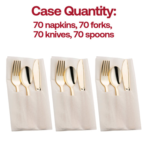 Gold Disposable Plastic Cutlery in White Pocket Napkin Set - 7 Napkins, 7 Forks, 7 Knives, and 7 Spoons