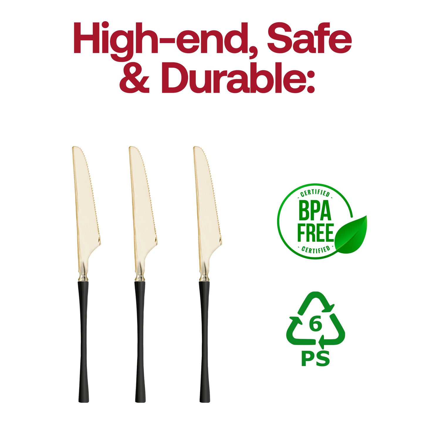 Shiny Gold with Black Handle Moderno Disposable Plastic Dinner Knives