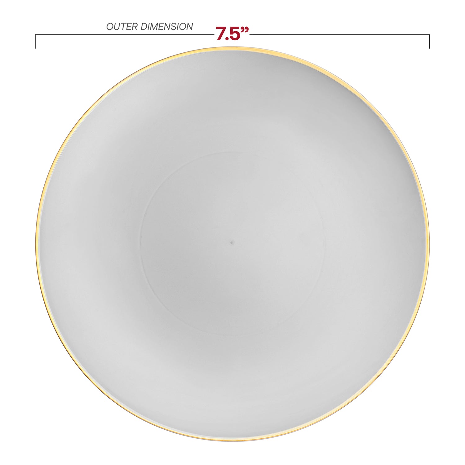 Gray with Gold Rim Organic Round Disposable Plastic Appetizer/Salad Plates (7.5") Dimension | The Kaya Collection