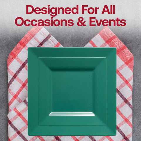 Hunter Green Square Disposable Plastic Dinner Plates (9.5