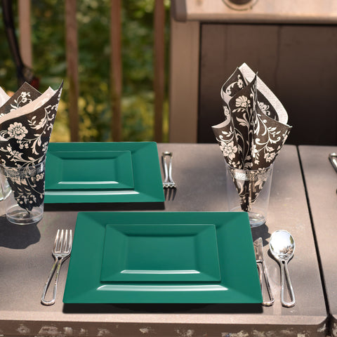 Hunter Green Square Disposable Plastic Dinner Plates (9.5