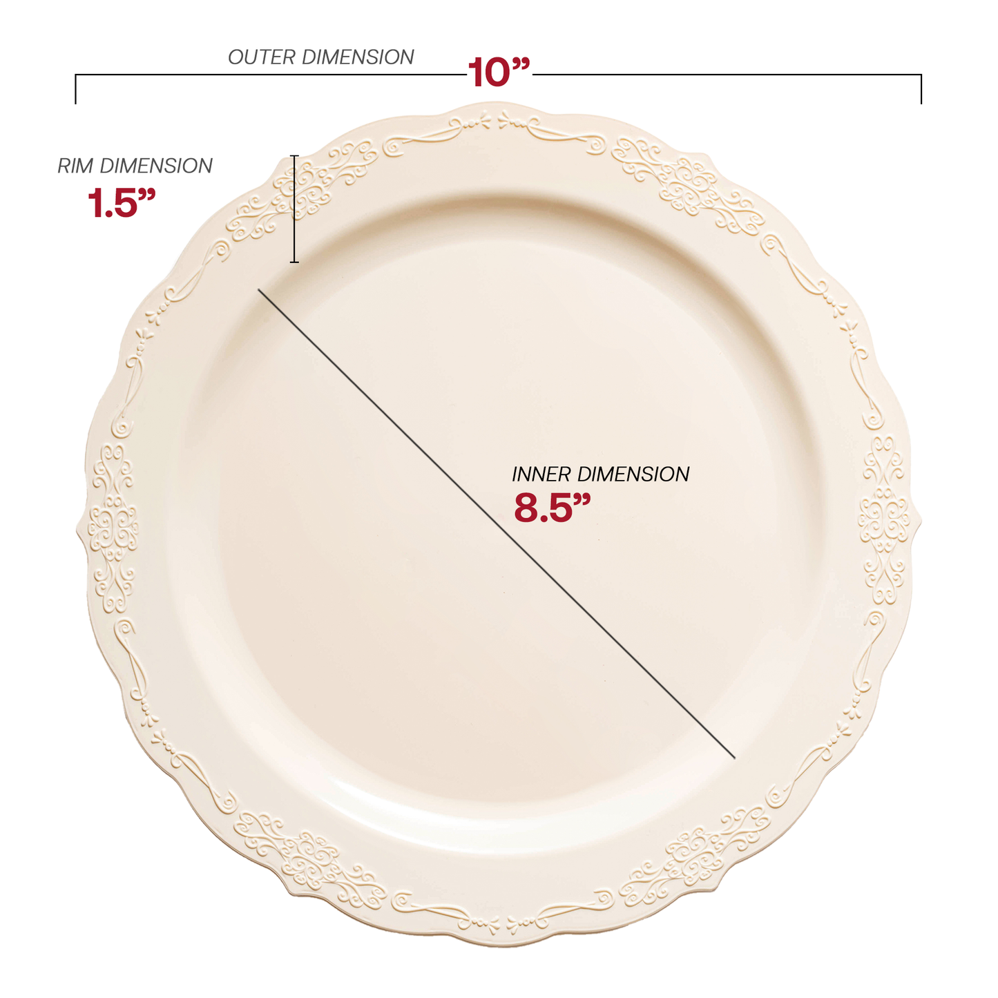 Ivory Vintage Round Disposable Plastic Dinner Plates (10") Dimension | The Kaya Collection