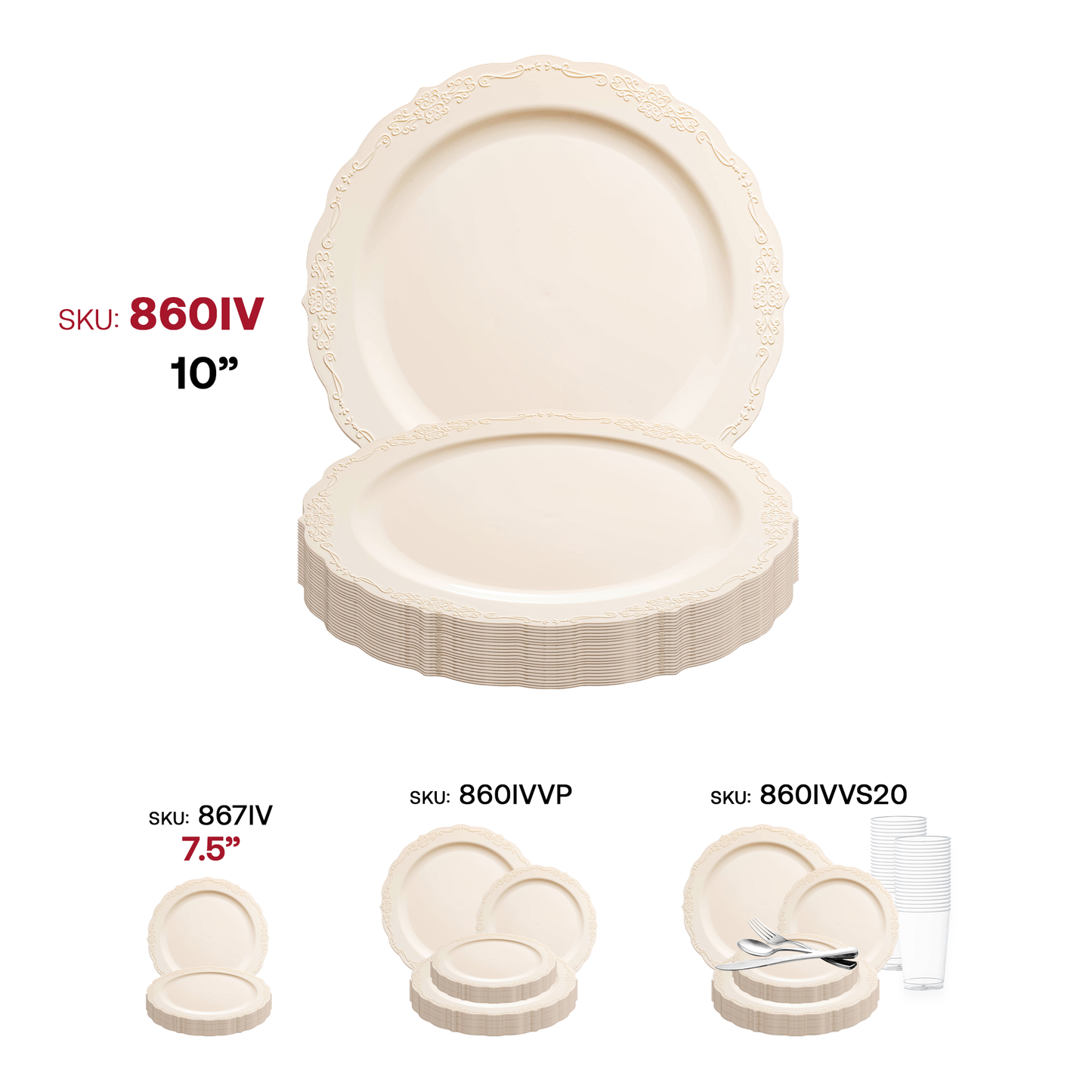 Ivory Vintage Round Disposable Plastic Dinner Plates (10") SKU | The Kaya Collection