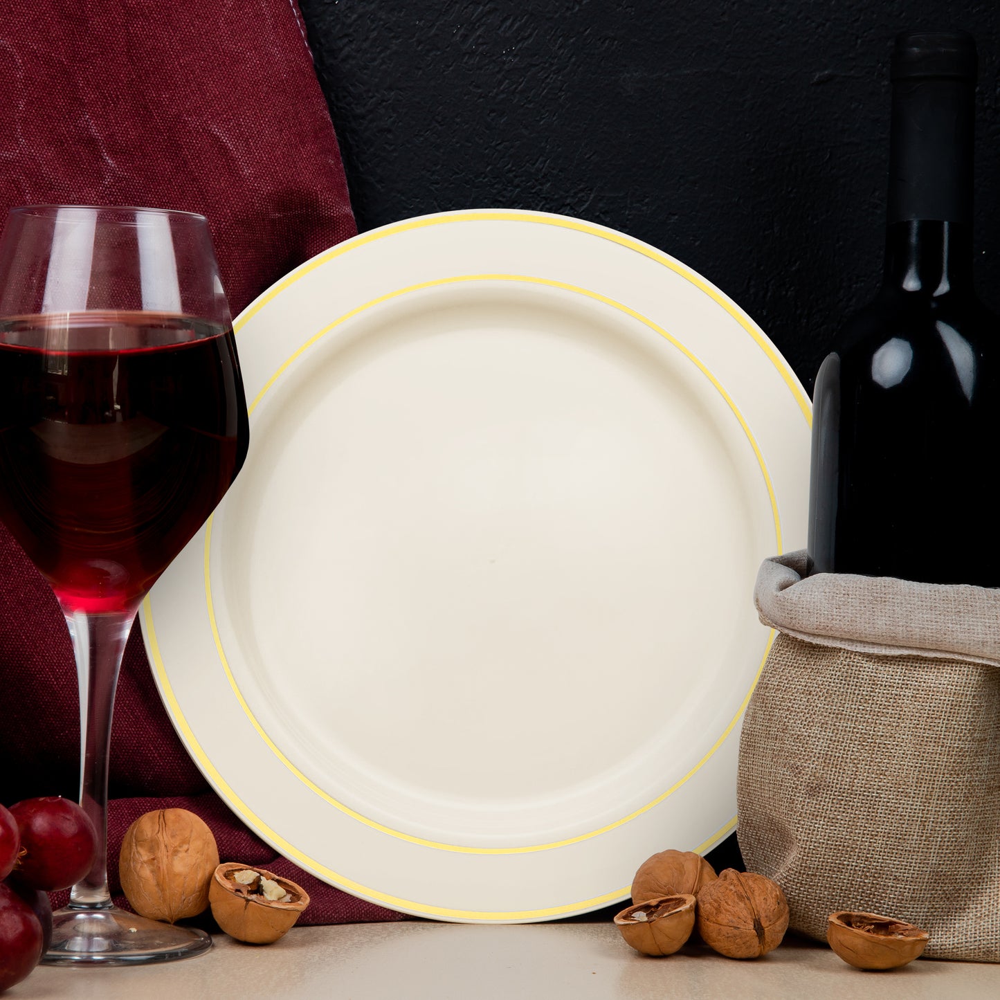 Ivory with Gold Edge Rim Disposable Plastic Dinner Plates (10.25")