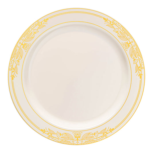 Ivory with Gold Harmony Rim Plastic Salad Plates (7.5") | The Kaya Collection