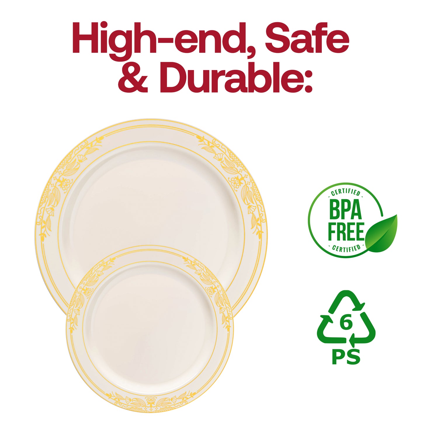 Ivory with Gold Harmony Rim Disposable Plastic Dinner Plates (10.25") BPA | The Kaya Collection