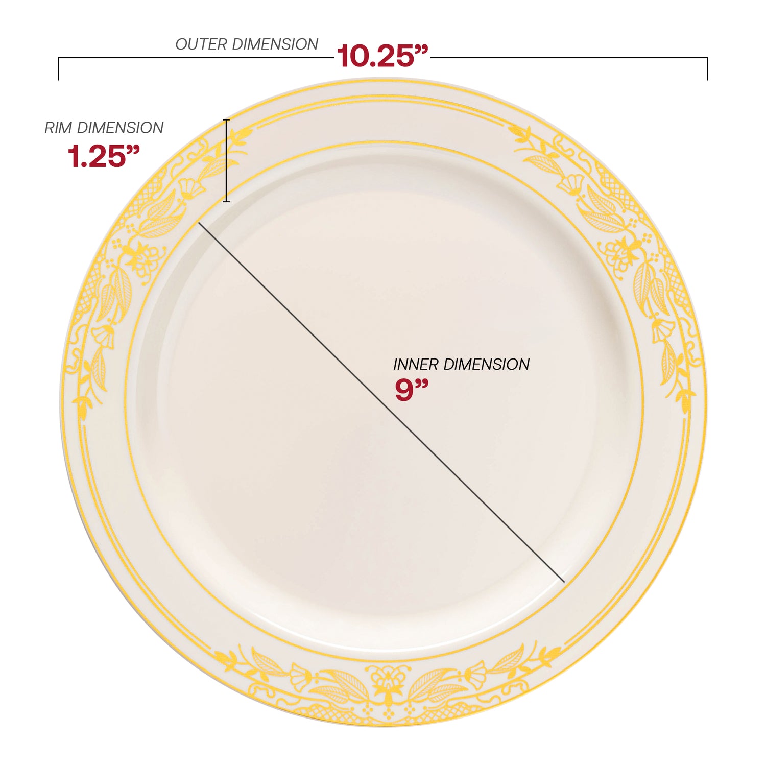 Ivory with Gold Harmony Rim Disposable Plastic Dinner Plates (10.25") Dimension | The Kaya Collection