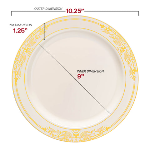 Ivory with Gold Harmony Rim Disposable Plastic Dinner Plates (10.25