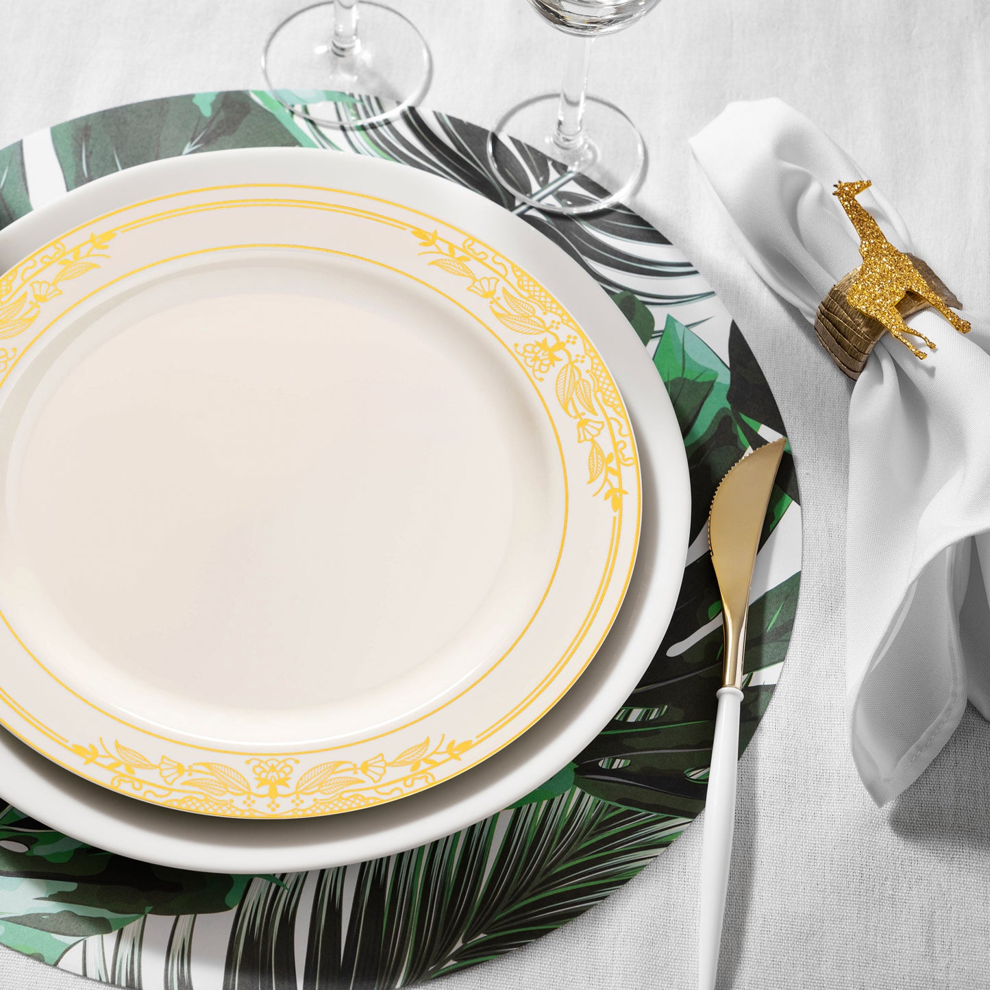 Ivory with Gold Harmony Rim Disposable Plastic Dinner Plates (10.25")