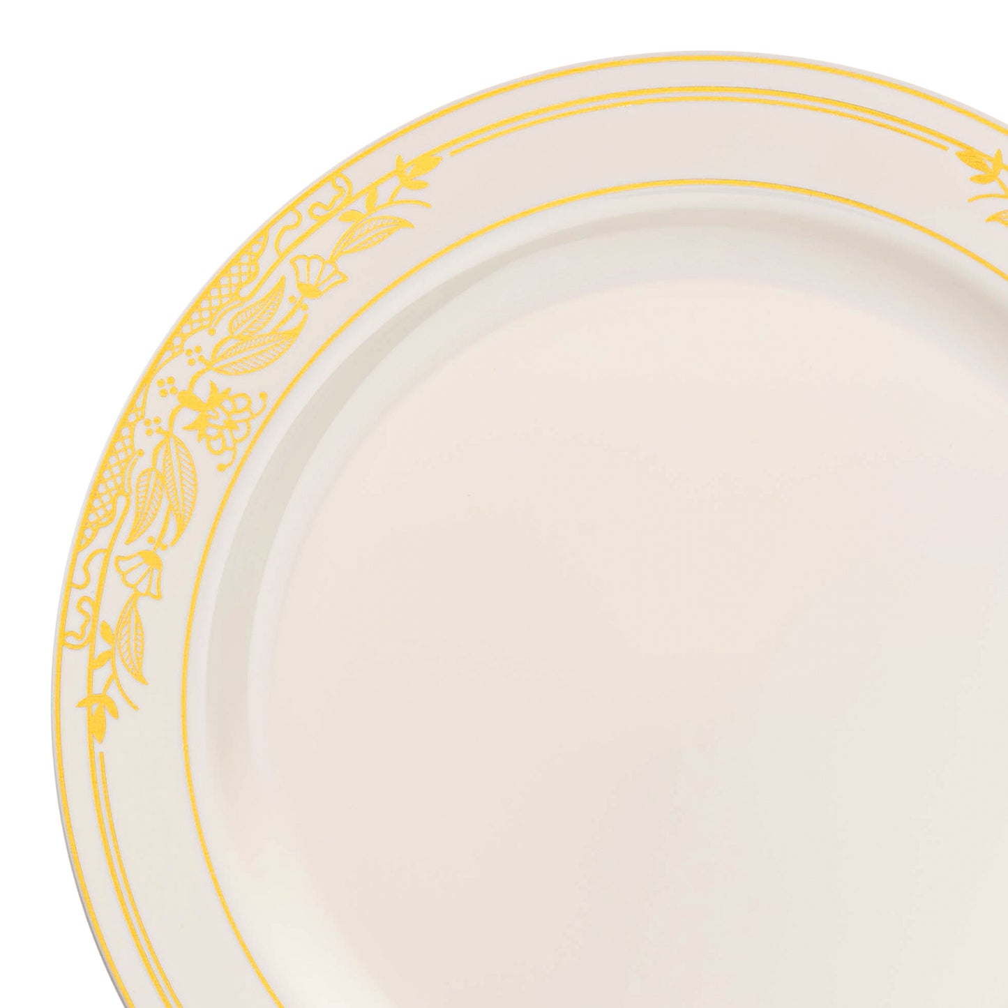 Ivory with Gold Harmony Rim Disposable Plastic Dinner Plates (10.25") | The Kaya Collection