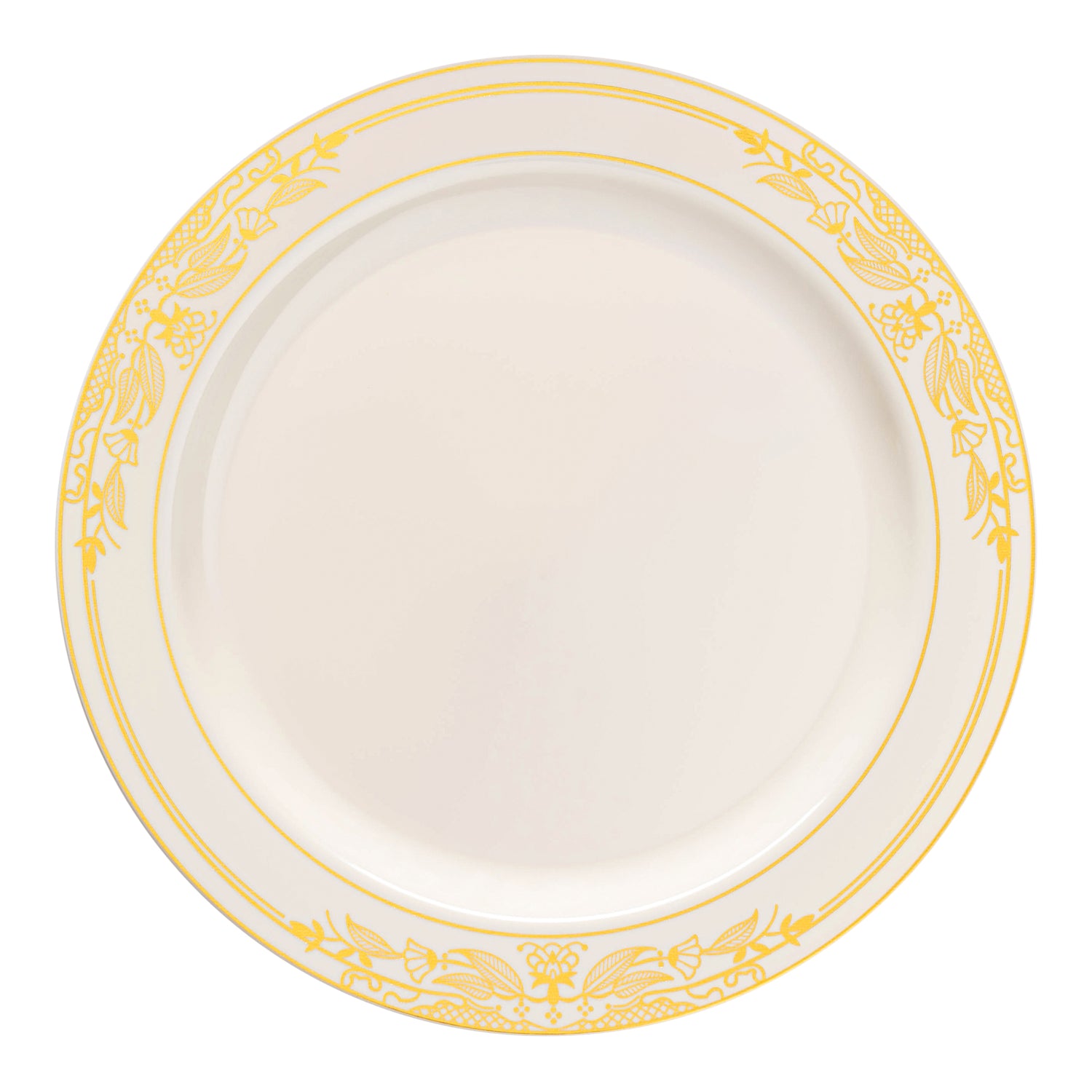 Ivory with Gold Harmony Rim Disposable Plastic Dinner Plates (10.25") | The Kaya Collection