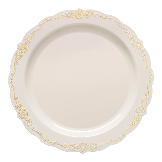 Ivory with Gold Vintage Rim Round Disposable Plastic Appetizer/Salad Plates (7.5") | The Kaya Collection