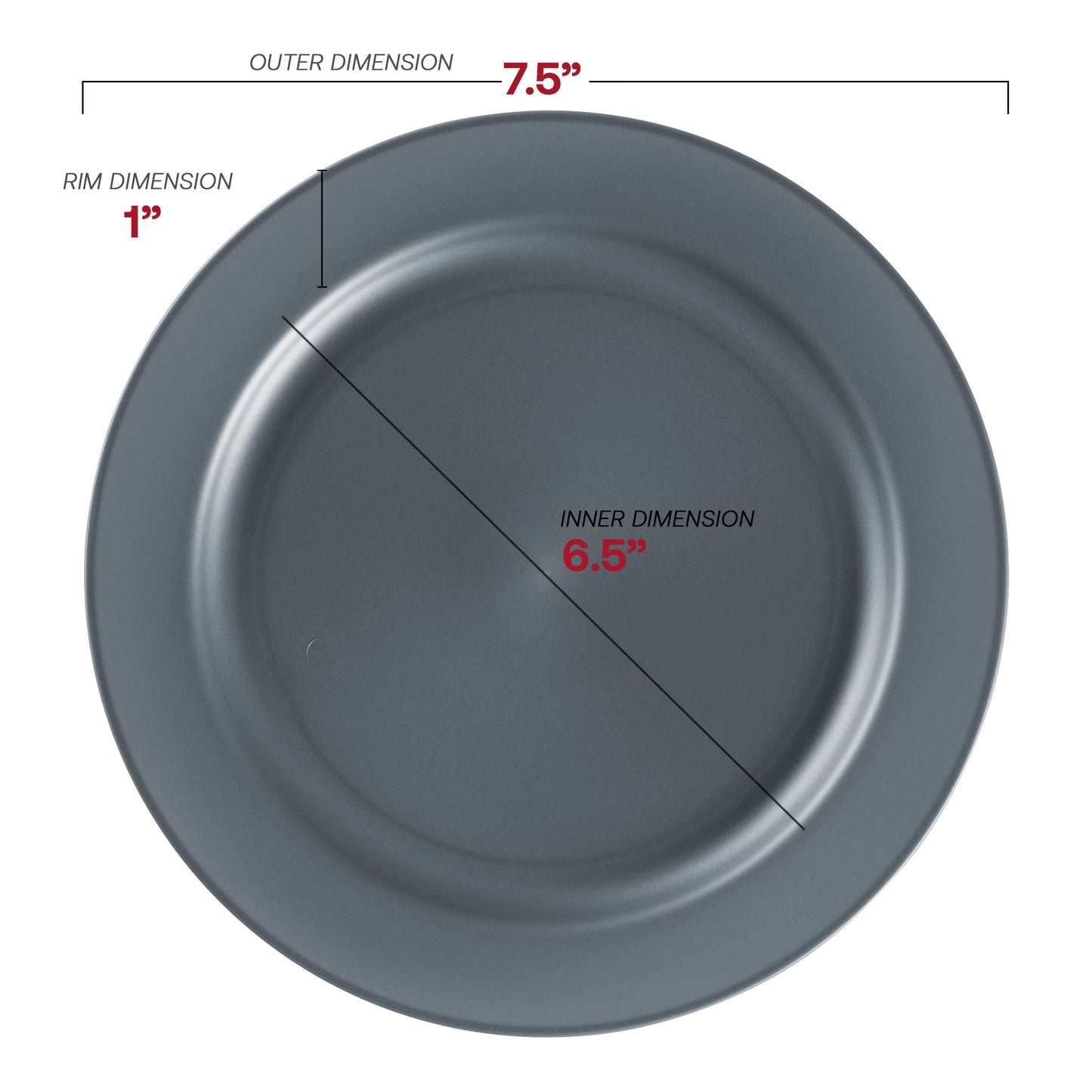 Matte Charcoal Gray Round Plastic Salad Plates (7.5") Dimension | The Kaya Collection