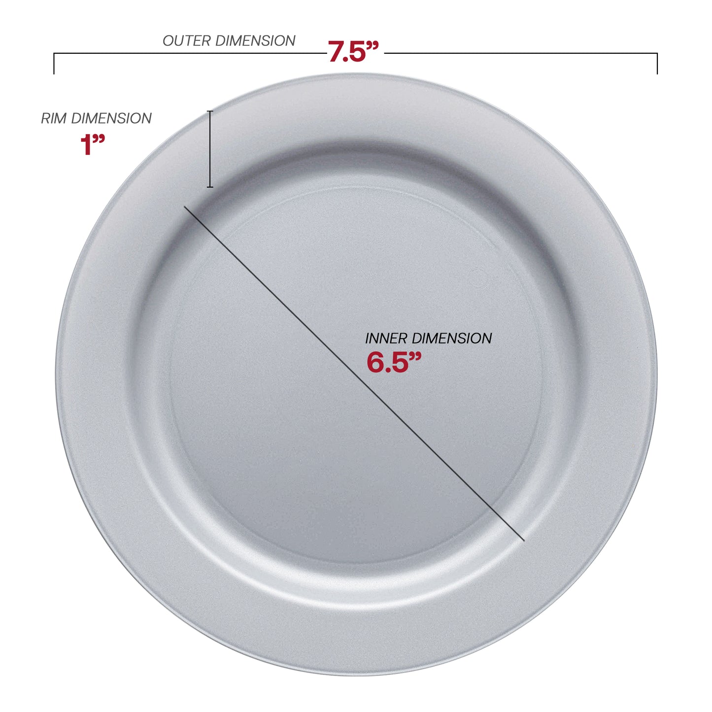 Matte Steel Gray Round Plastic Salad Plates (7.5") | Dimension