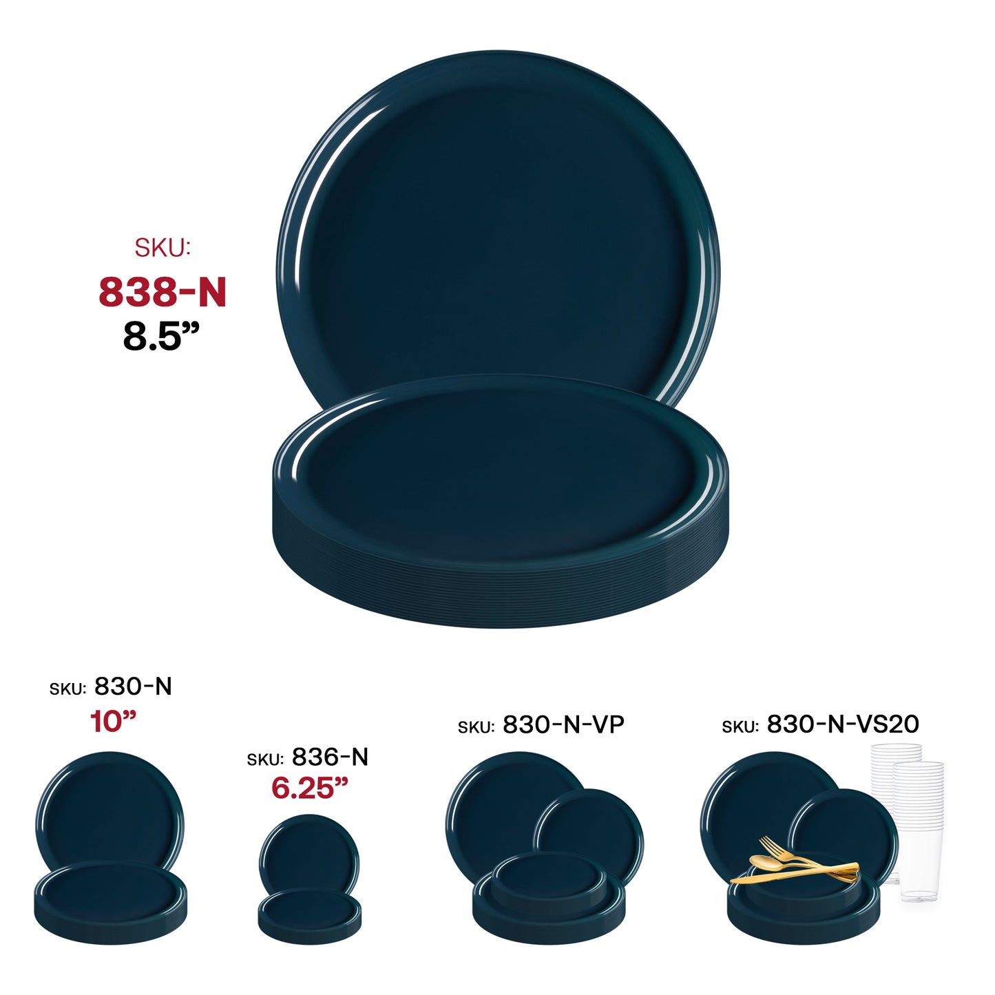 Navy Flat Round Disposable Plastic Appetizer/Salad Plates (8.5") SKU | The Kaya Collection