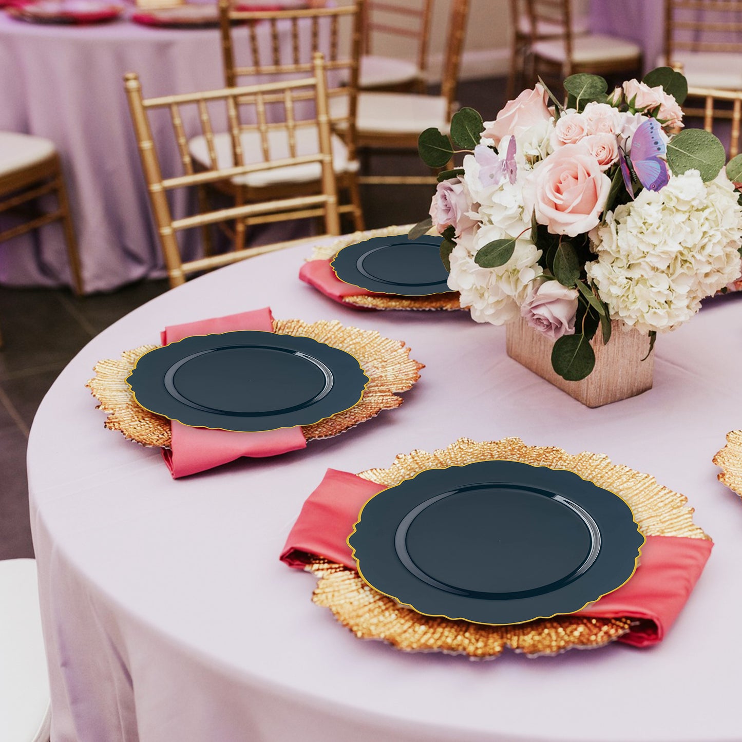 Navy with Gold Rim Round Blossom Plastic Dinner Plates (10.25")