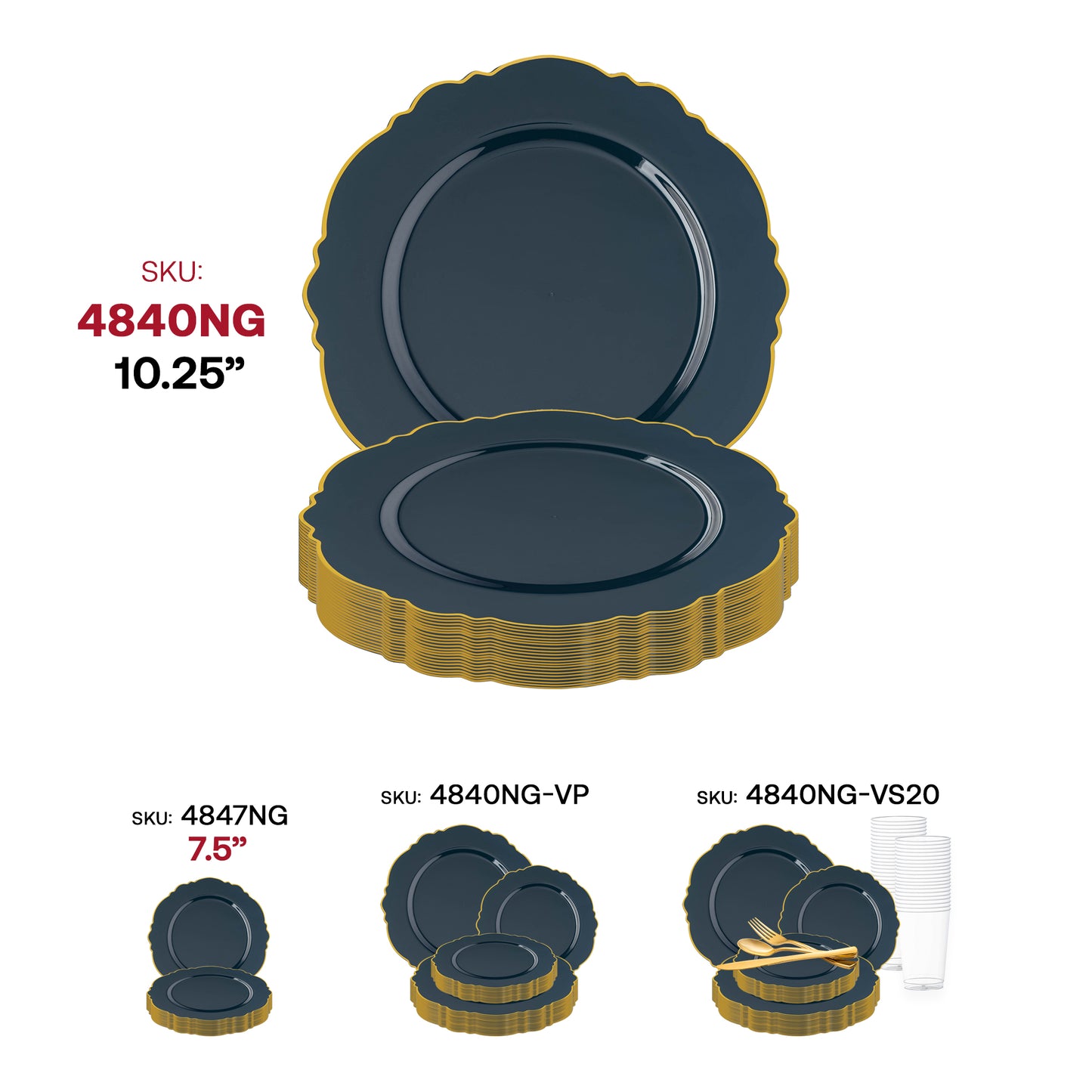 Navy with Gold Rim Round Blossom Disposable Plastic Dinner Plates (10.25") SKU | The Kaya Collection