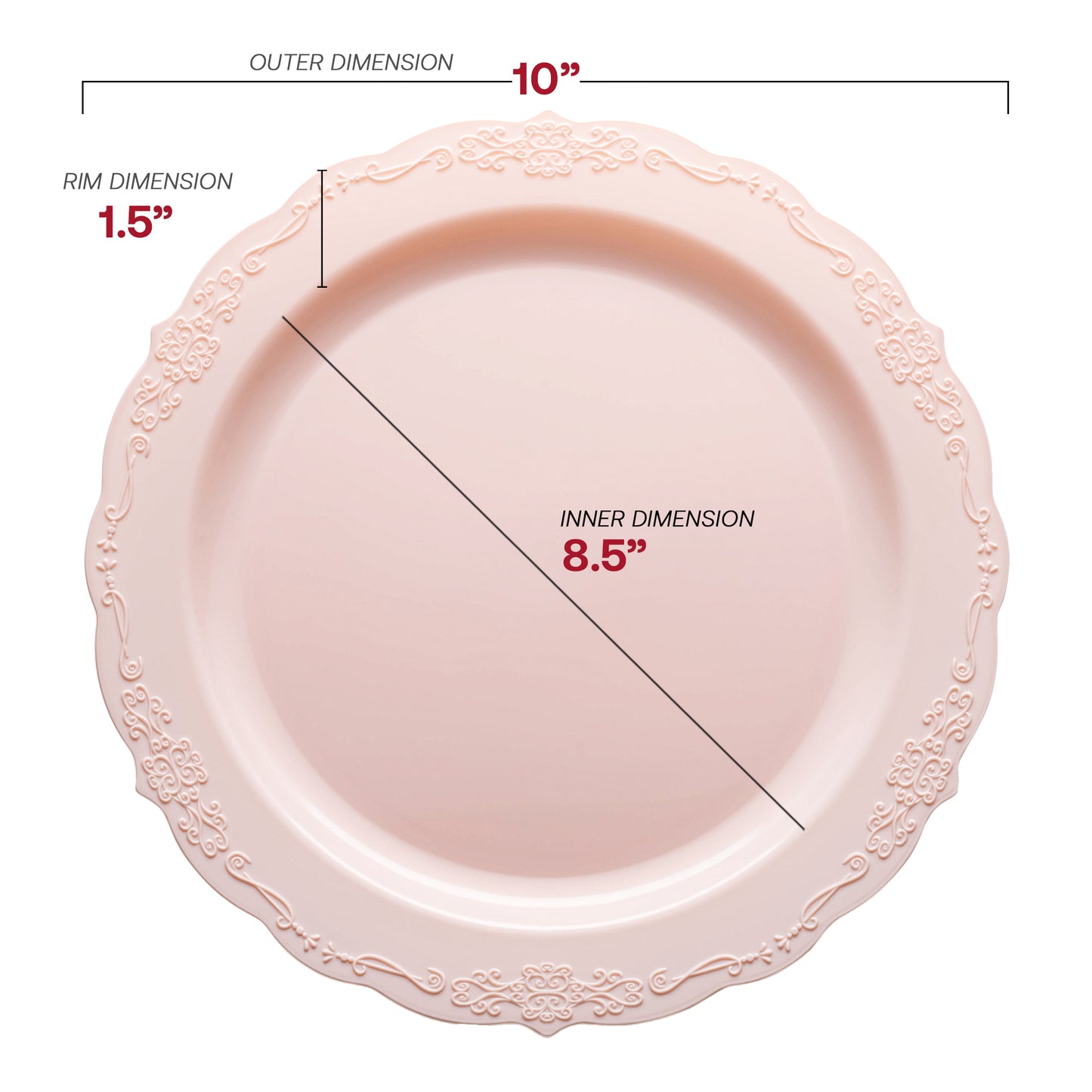 Pink Vintage Round Disposable Plastic Dinner Plates (10") Dimension | The Kaya Collection