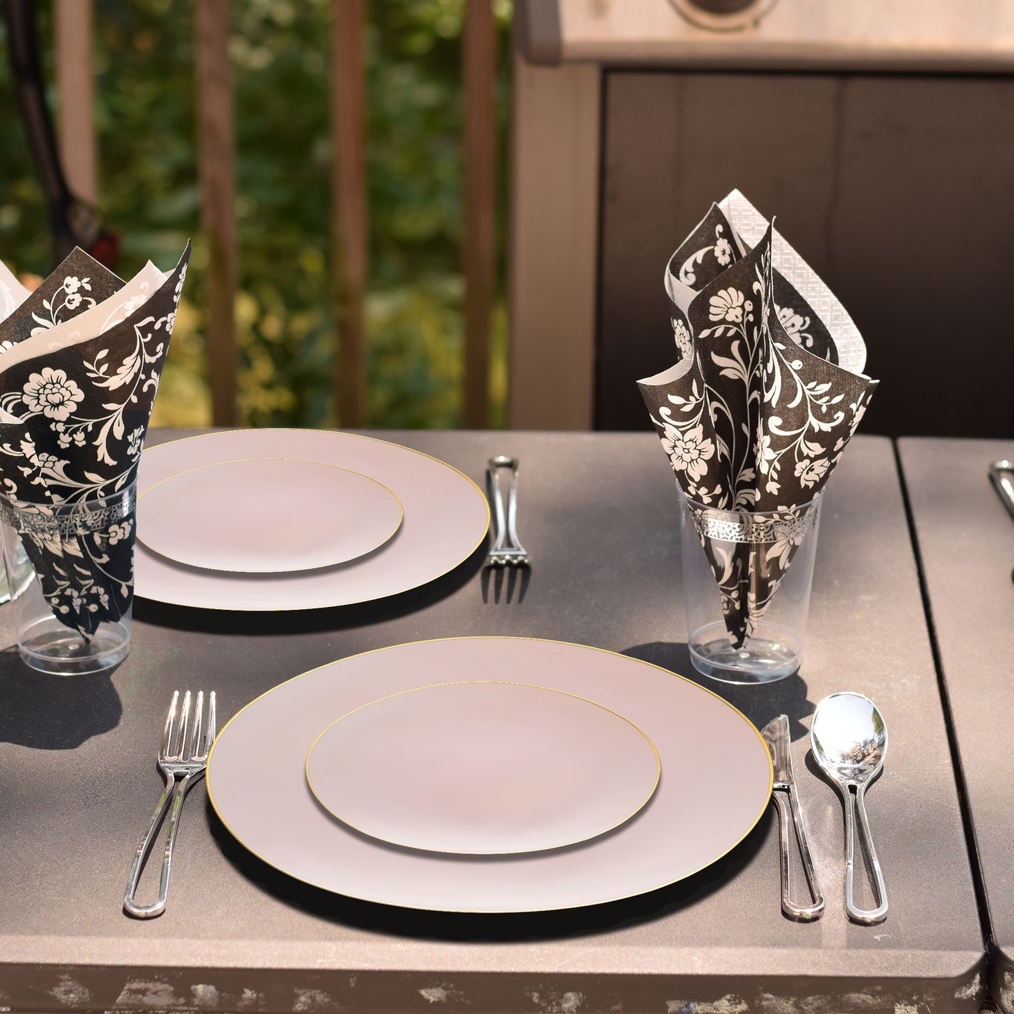 Pink with Gold Organic Round Plastic Disposable Dinner Plates (10.25")