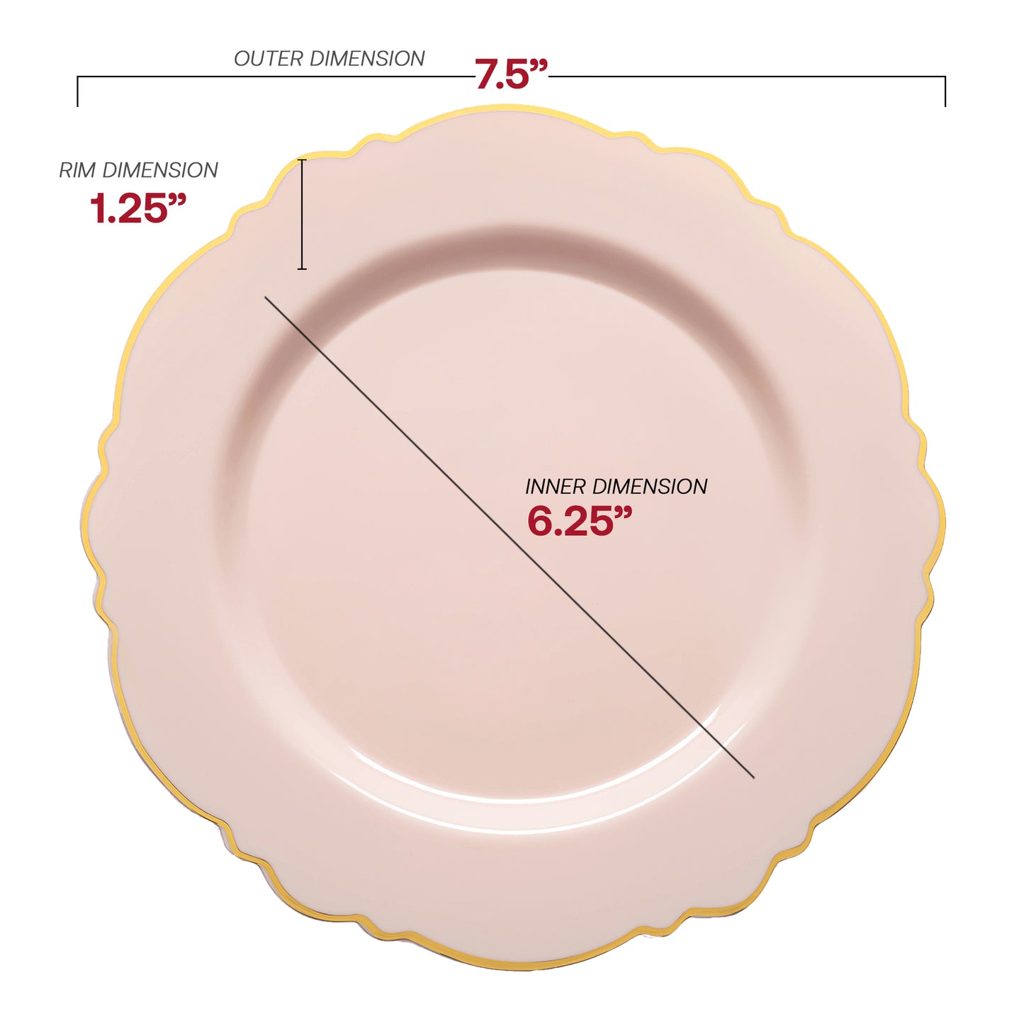 Pink with Gold Rim Round Blossom Plastic Salad Plates (7.5") Dimension | The Kaya Collection
