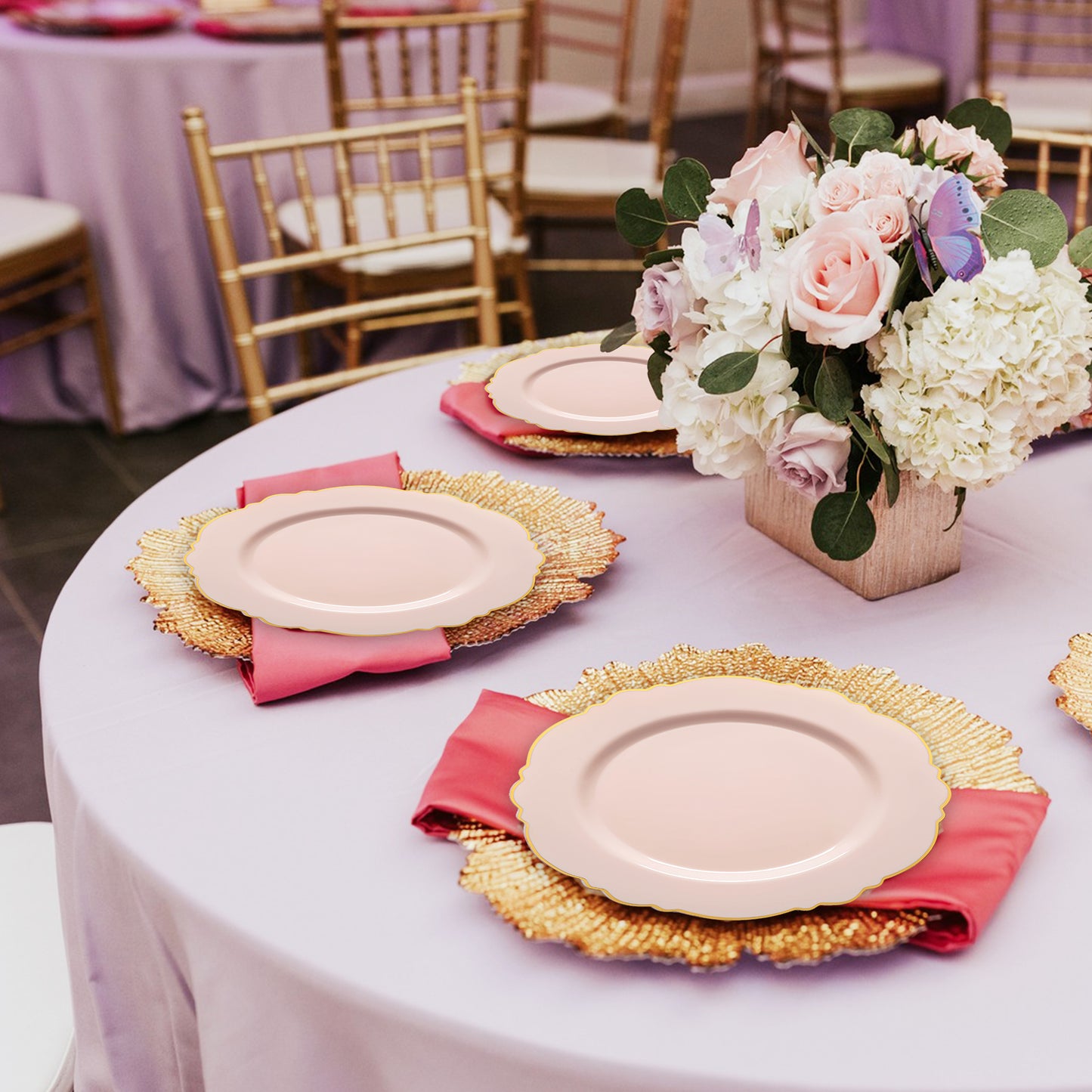 Pink with Gold Rim Round Blossom Plastic Dinner Plates (10.25")
