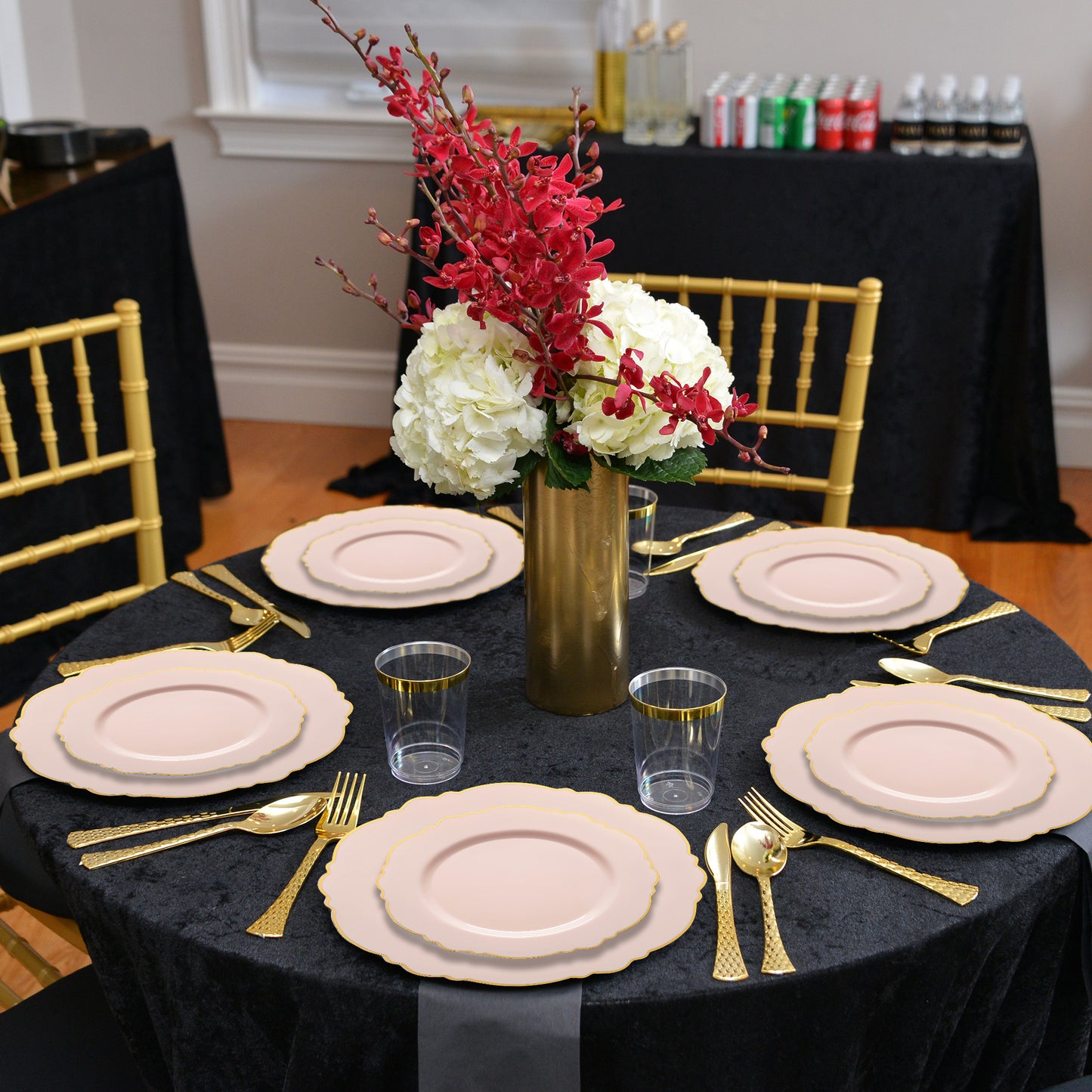 Pink with Gold Rim Round Blossom Plastic Dinner Plates (10.25")