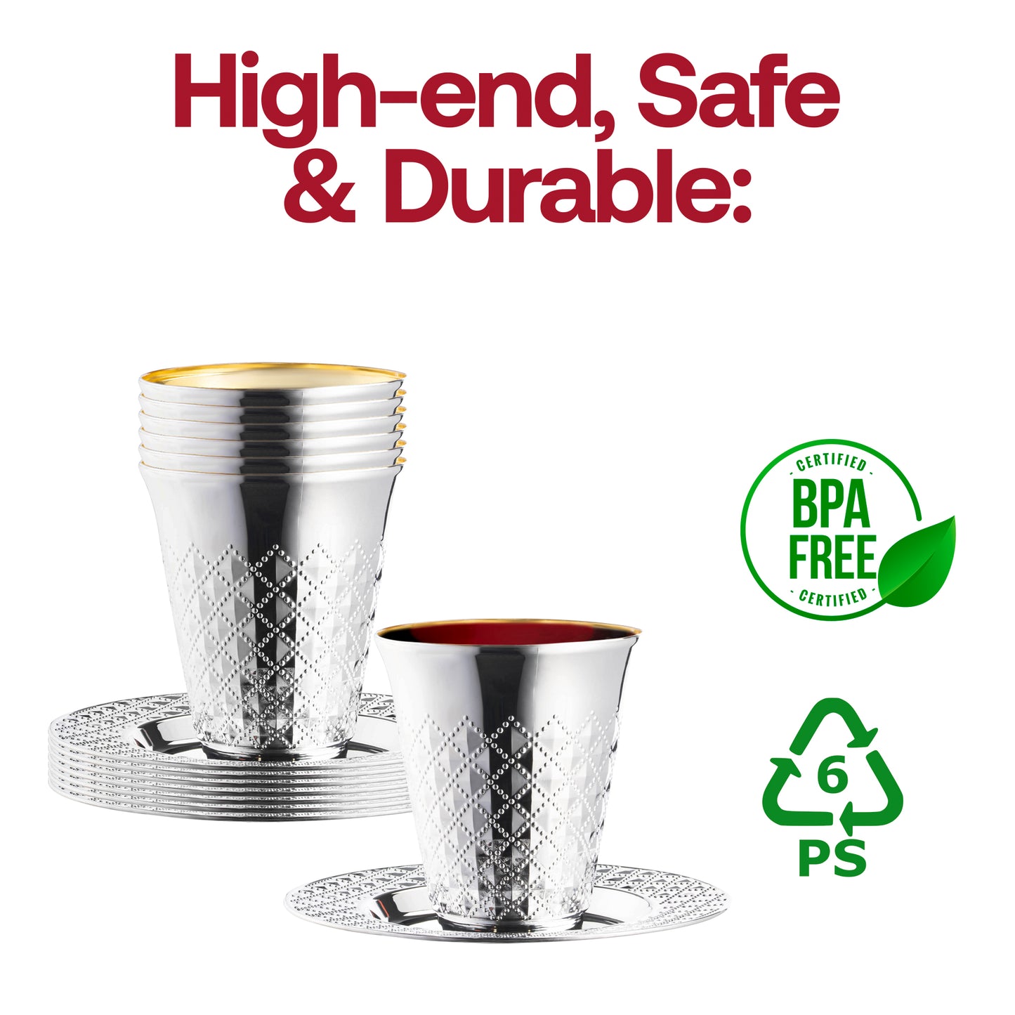 Shiny Metallic Aluminum Silver Round Plastic Saucers and Kiddush Cup Value Set | The Kaya Collection
